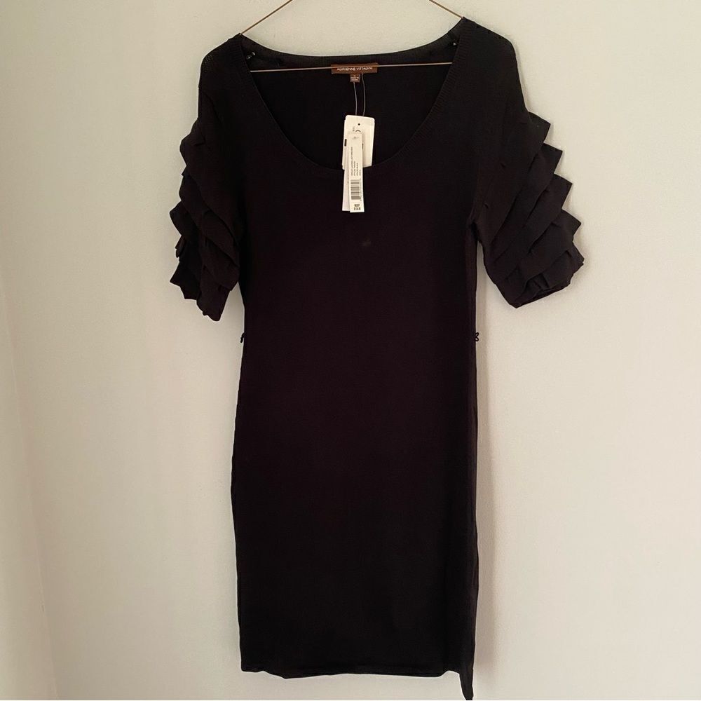Adrienne Vittadini Women’s Short Ruffle Sleeve Scoop Neck Knit Midi Black Dress